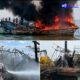 TNI AL Berjibako Menolong Kapal Pukat Teri KM Merpati Indah 7 Yang Terbakar Di Perairan Belawan
